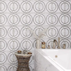 Roman Circles Carrara White Waterjet Mosaic With Silver Lines