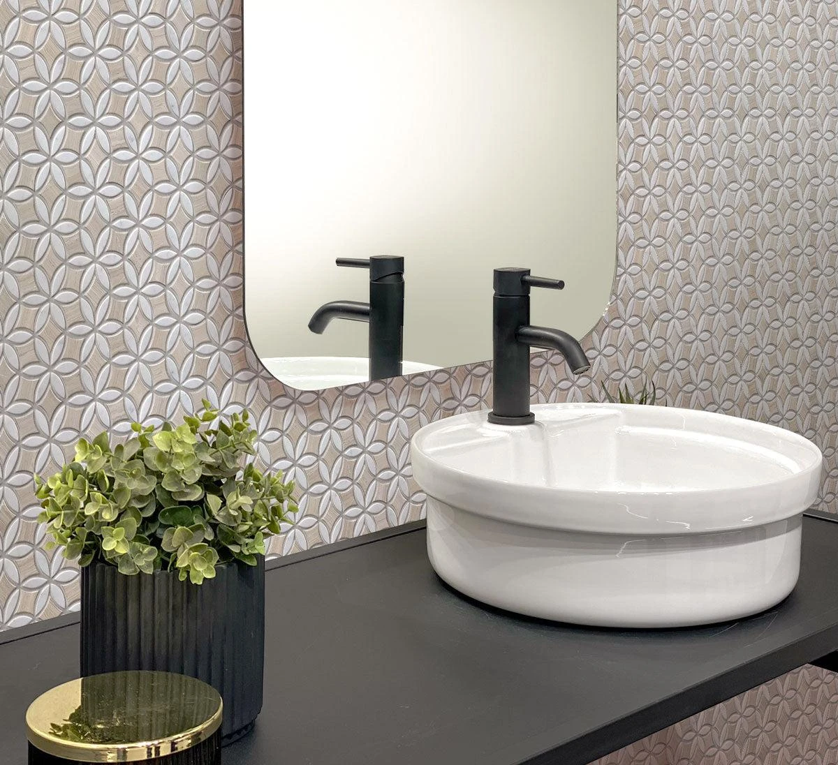 Roman Flower Wooden Beige And Carrara Marble Mosaic Tile - Image 2