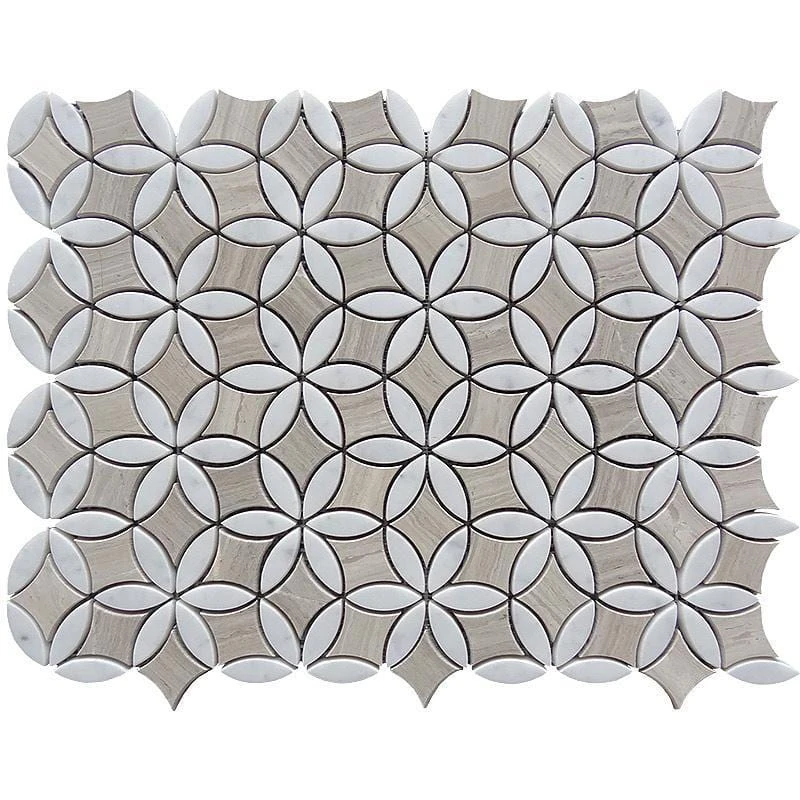 Roman Flower Wooden Beige And Carrara Marble Mosaic Tile - Image 4