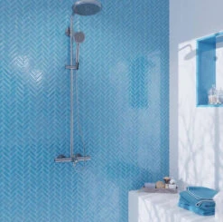 Sky Blue Herringbone Glass Tile
