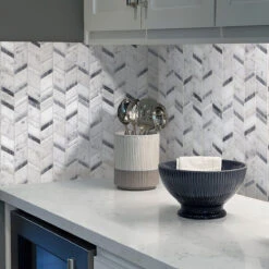 Striped Herringbone Carrara & Bardiglio Marble Mosaic Tile