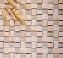 Textured Mini Brick Crema Marfil And Glass Mosaic Tile