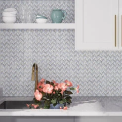 Thassos Carrara And Azul Cielo Mini Chevron Marble Mosaic Tile